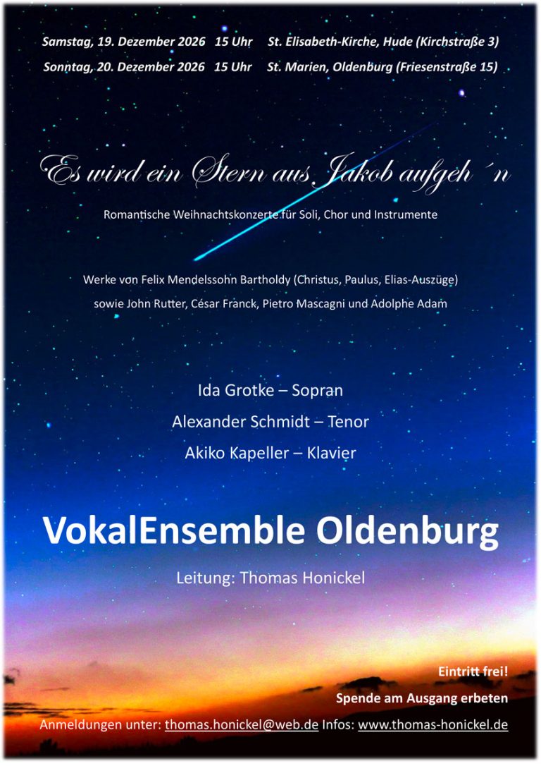 VokalEnsemble Oldenburg – romantisches Weihnachtskonzert am 19.12.